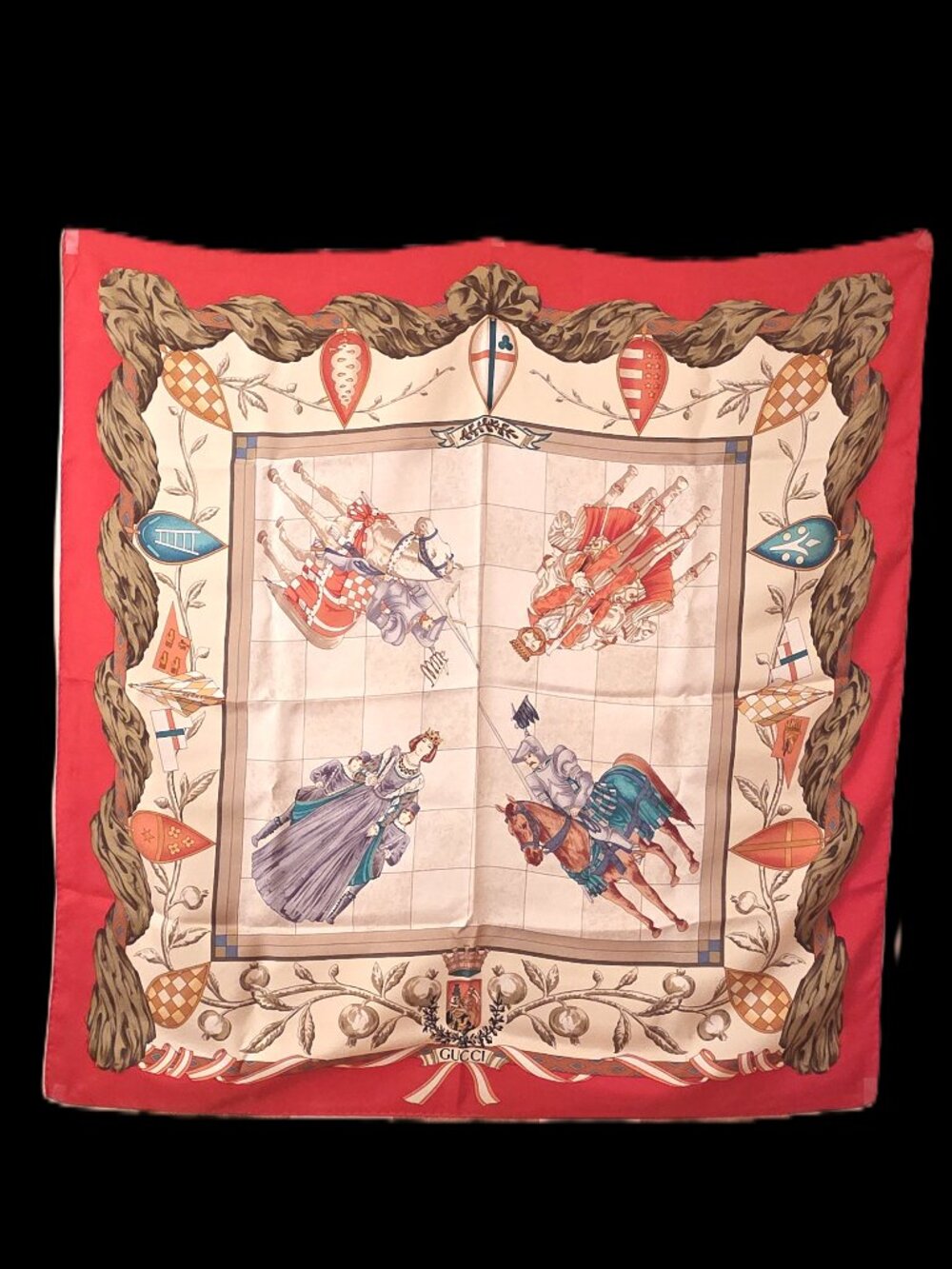 Gucci Red & Beige Medieval Motif Silk Scarf